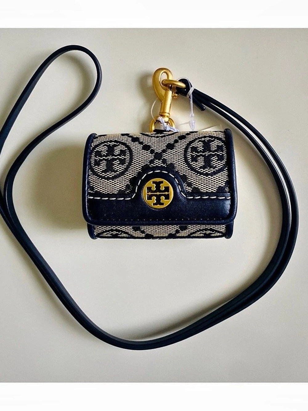 NWT Tory Burch T Monogram Jacquard AirPods Case Lanyard Crossbody Navy / Cream